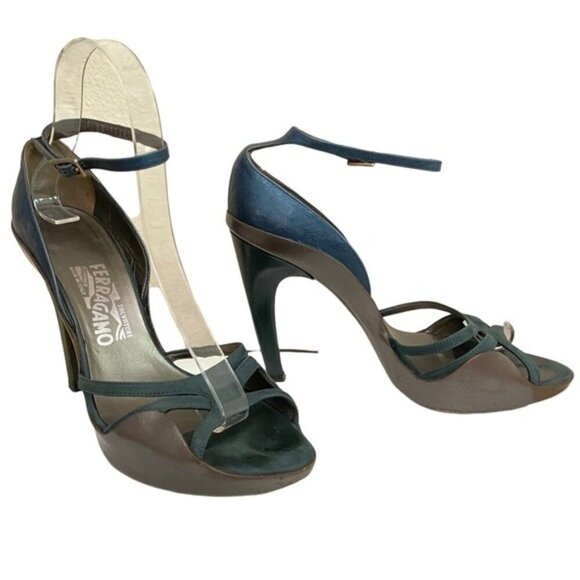 Salvatore Ferragamo Leather Metallic Gray and Teal Ankle Strap Heels Size 7.5 - Picture 2 of 6